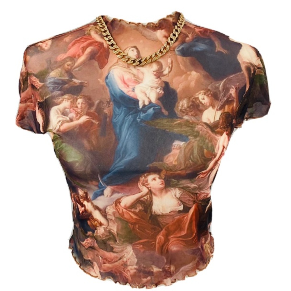 Angel Graphic Women Sexy Mesh Short Sleeves Crop Top
